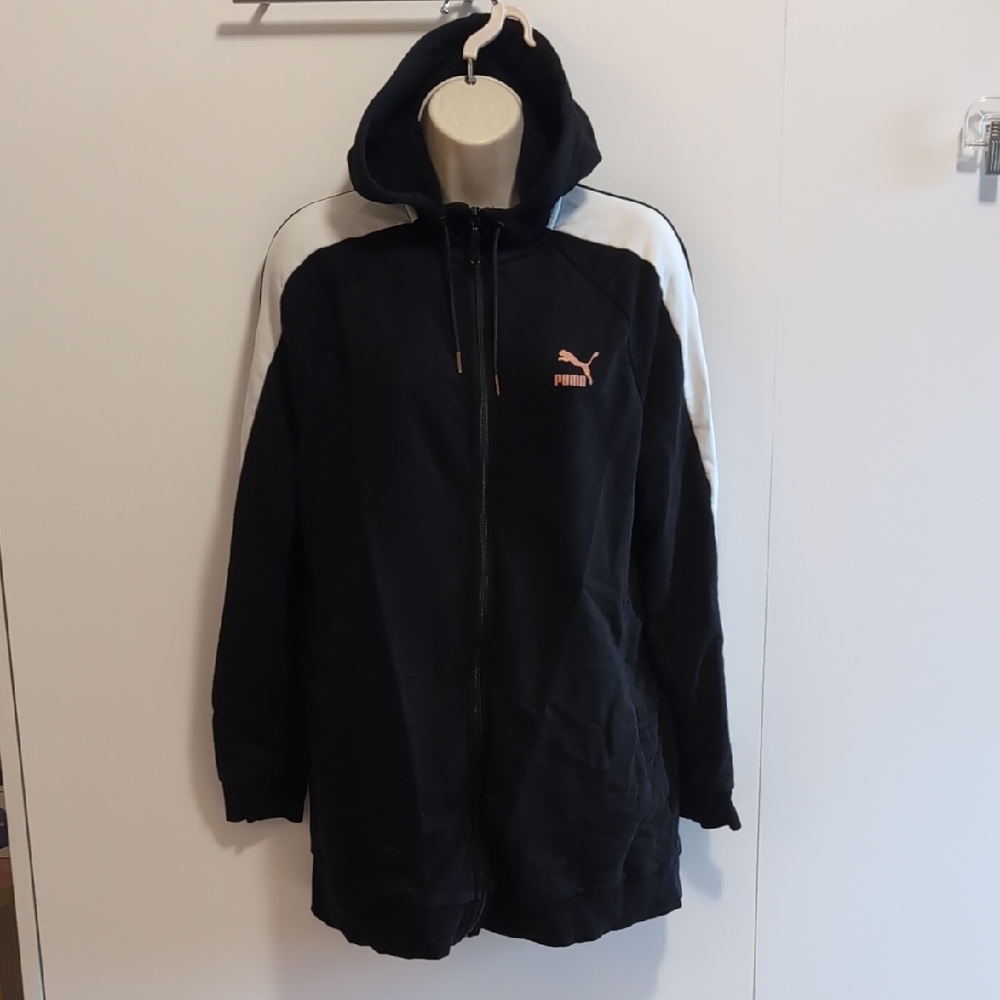 Puma Women's Black Hoodie with White Sleeves and Pink Logo